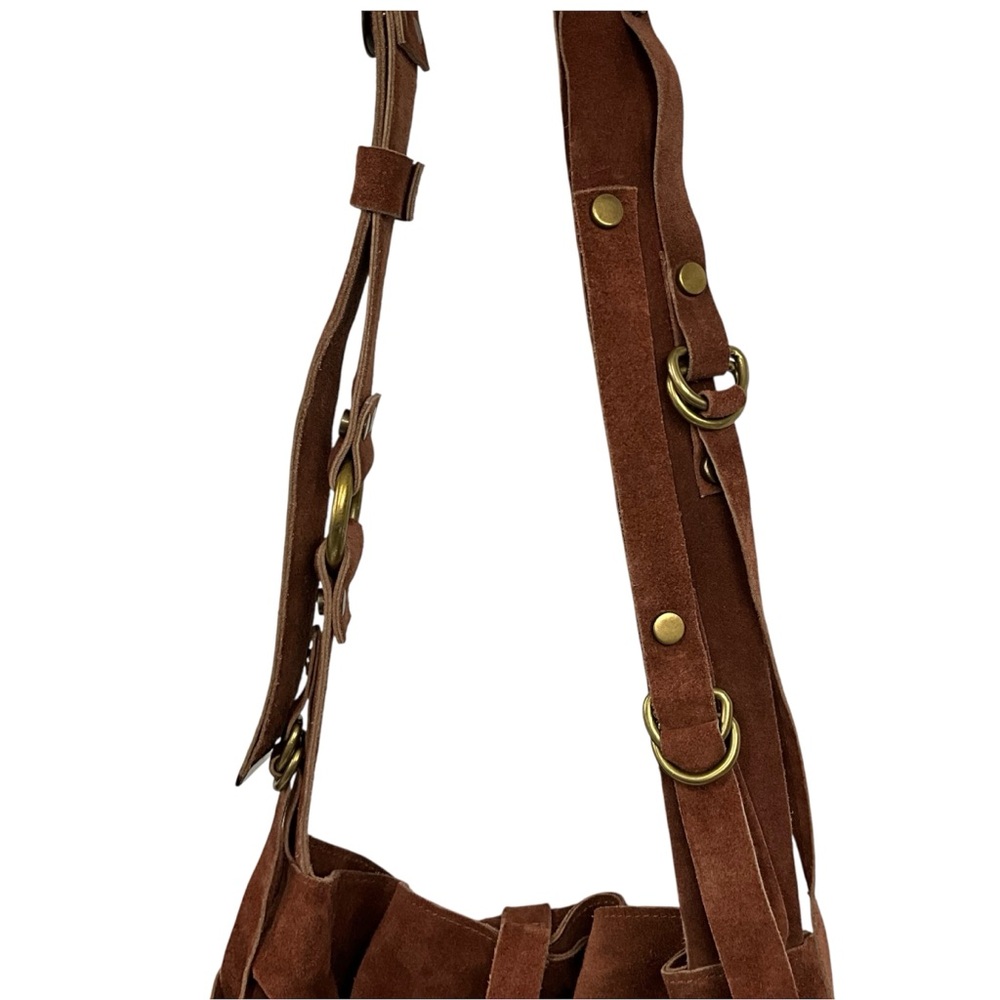 Free People Leather Suede Hobo Bag Brown Slouchy Fringe Western Boho - Picture 6 of 15